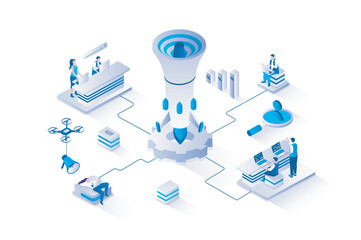 Wall Mural - Outbound marketing 3d isometric concept with isometry people design for web. Team developing promotion strategy, making advertisement, attracting customers to buying product. Vector illustration.