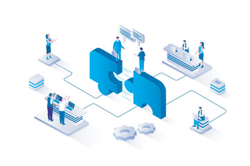 Wall Mural - Partnership 3d isometric concept with isometry people design for web. Businessmen shaking hands and making business deal, cooperating on project with partners, synergy work. Vector illustration.