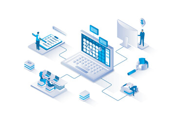 Wall Mural - Planning 3d isometric concept with isometry people design for web. People making schedules with tasks on laptop, marking dates on calendar, organizing workflow and daily agenda. Vector illustration.