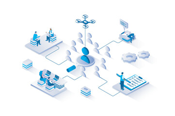 Wall Mural - Recruitment 3d isometric concept with isometry people design for web. Headhunter team reviewing resumes and selecting candidates for vacancy, searching best employees in staff. Vector illustration.