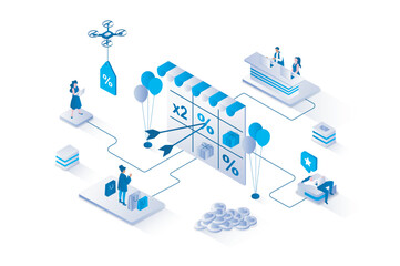 Shop loyalty program 3d isometric concept with isometry people design for web. Buyers making purchases and receiving bonuses and gifts from stores, smart shopping with discounts. Vector illustration.