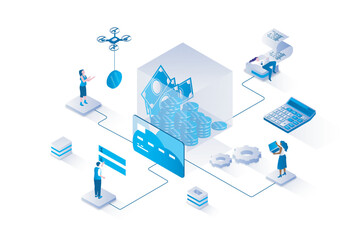 Wall Mural - Virtual finance 3d isometric concept with isometry people design for web. Bank clients managing financial accounts online, making money transaction, savings and online payments. Vector illustration.