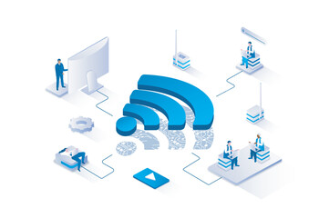 Wall Mural - Wireless technology 3d isometric concept with isometry people design for web. Users accessing to wifi hotspot to get internet connection from laptop, computer or smart phone. Vector illustration.