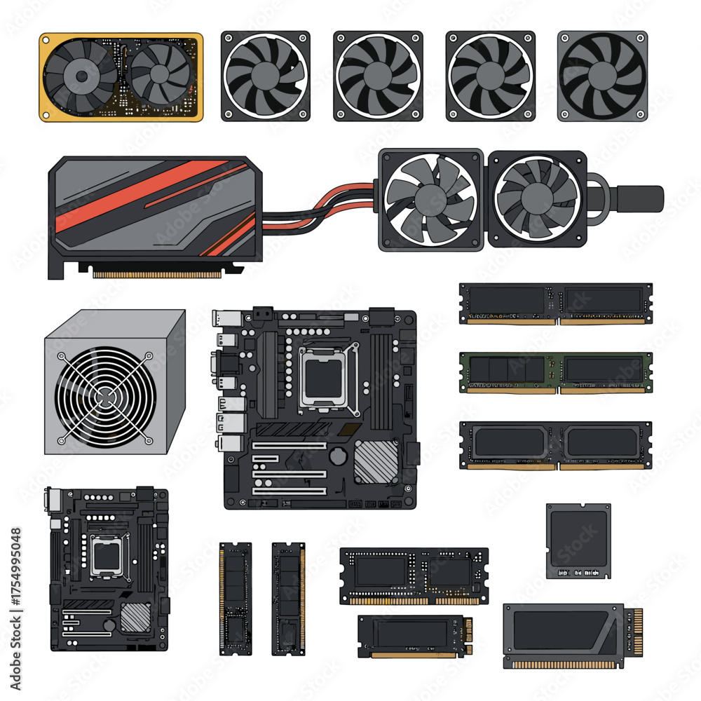 Collection of computer hardware components for building a custom PC ...