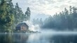 © Sisana - A dynamic depiction of a serene lake with a sauna cabin nearby, steam rising from the water.