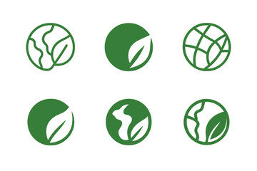 Wall Mural - Green Planet Logos. Green Planet. Set Logo of Green Planet: globe with leaf overlay. harmonious logo variations of the same emblematic concept, each with