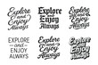 © Coosh448 - Lettering Styles Grid. Explore and Enjoy Always. Set lettering. harmonious lettering variations of the same emblematic concept, each with different artistic