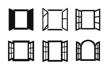 Wall Mural - Open Window Logos. Open Window. Set Logo of Open Window: wide-open rustic window frame. harmonious logo variations of the same emblematic concept, each with