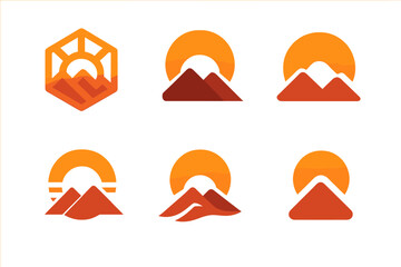 Wall Mural - Sunset Logo Variations. Sunset Sky. Set Logo of Sunset Sky: sun dipping behind mountains. harmonious logo variations of the same emblematic concept, each with