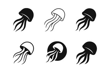 Wall Mural - Jellyfish Logo Variations. Jellyfish in Motion. Set Logo of Jellyfish in Motion: fluid jellyfish motion icon. harmonious logo variations of the same emblematic