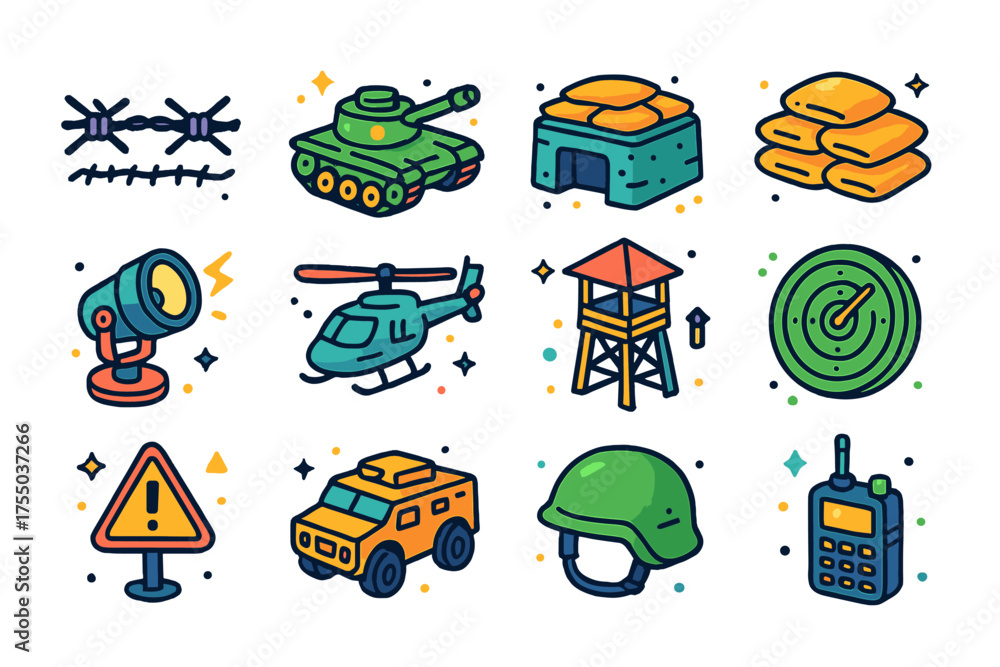 Colorful War Zone Icons. War Zone. Colorful isometric vector icons set ...