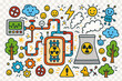 © Coosh448 - Playful Nuclear Reactor. Nuclear Reactor. Colorful Hand-drawn doodle Children illustration reactor core, cooling tower, control panel, valves, gears, pipes,