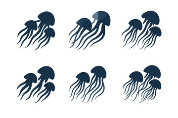 Wall Mural - Jellyfish Logo Variations. Jellyfish in Motion. Set Logo of Jellyfish in Motion: multiple jellyfish in flowing pattern. harmonious logo variations of the same