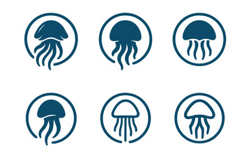 Wall Mural - Jellyfish Logo Variations. Jellyfish in Motion. Set Logo of Jellyfish in Motion: floating jellyfish with circular glow. harmonious logo variations of the same