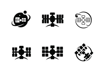 Wall Mural - Space Station Logos. Space Station. Set Logo of Space Station: orbiting space station with solar array. harmonious logo variations of the same emblematic