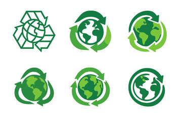Wall Mural - Green Planet Logos. Green Planet. Set Logo of Green Planet: circular earth with recycling arrows. harmonious logo variations of the same emblematic concept,