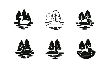 Wall Mural - Diverse Duck Logos. duck pond. Set Logo of duck pond: pond reflection of trees. harmonious logo variations of the same emblematic concept, each with different