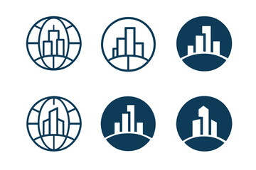 Wall Mural - Global Business Logos. Global business. Set Logo of Global business: skyscraper skyline. harmonious logo variations of the same emblematic concept, each with