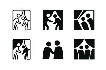 Wall Mural - Performers Logo Variations. Performers Backstage. Set Logo of Performers Backstage: actors preparing behind curtain icon. harmonious logo variations of the