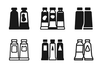 Wall Mural - Art Studio Logos. Studio corner with art supplies. Set Logo of Art studio: paint tubes. harmonious logo variations of the same emblematic concept, each with