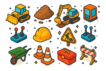 Wall Mural - Colorful Excavation Icons. Fictional world. Set Logo of Fantasy realm: floating islands with bridges. harmonious logo variations of the same emblematic