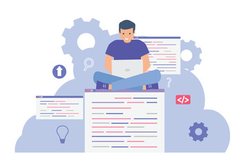 Script coding and programming in php, python, javascript, other languages. Programmer working with laptop online among windows and programs flat vector illustration.