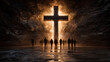 © Ольга Ничипорчук - People walking toward a glowing cross-shaped light in a dark stone wall, concept of faith, salvation and divine hope glowing cross, divine light, spirituality, faith, hope, symboli