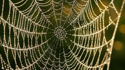 Macro close-up of a glistening spiderweb covered in morning dew drops. Intricate silk threads sparkling in the golden sunrise light. The delicate beauty of nature