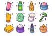 © BROTHER - Colorful Facial Care Icons. Facial Care. Colorful isometric vector icons set of facial care: cleanser tube, toner bottle, serum bottle, moisturizer, sunscreen,
