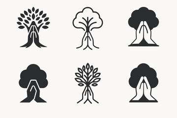 Wall Mural - Spiritual Prayer Logos. Prayer in nature. Set Logo of Spirituality: hands folded in prayer under tree. harmonious logo variations of the same emblematic