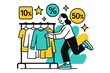 © BROTHER - Vibrant Shopping Extravaganza. Weekend shopping spree. Person browsing a colorful rack of clothes, floating icons of discounts and stars emphasizing discovery