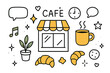 © BROTHER - Coffeehouse Doodle Delight. Coffeehouse Vibes. Hand-drawn doodle illustration cafe window (colored), steaming mug (colored), croissant, plant (colored), chat