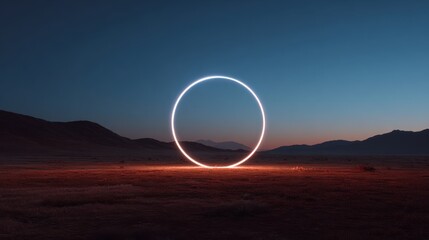 Wall Mural - A circular light formation glows brightly in the desert landscape at twilight. The mountains stand tall in the background against the fading light of the sky.