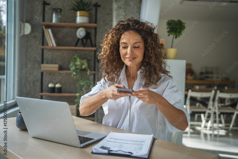 Female Scanning Documents Woman scanning documents with smart phone for home office work Stock ...
