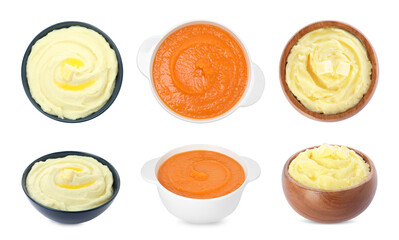 Wall Mural - Mashed food texture. Potato puree and cream soup isolated on white, collage
