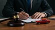 © ANDREY PROFOTO - Professional lawyer or notary signing car accident or insurance policy document with gavel and red toy car on a wooden desk
