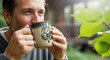 © Ksenia Pestereva - Man enjoying coffee in nature with ceramic mug, relaxing outdoors surrounded by green foliage. Coffee ritual includes cozy moments, appreciating nature's beauty while sipping warm drink.