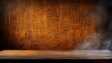 Hieroglyphics concept. Ancient Egyptian Hieroglyphics Carved on Mysterious Wall with Dust and Smoke Effect in Dark Environment