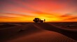 © ANDREY PROFOTO - Desert adventure at sunset: off-road vehicle and traveler on dune