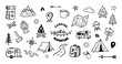 © 24 std - Camping Adventure Sketch Icon Set with Outdoor Elements. Hand-drawn camping and outdoor adventure icons, including tents, campfires, backpacks, and nature symbols. Black and white vector set