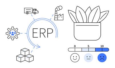 ERP cycle linked with factory, delivery truck, gear, cubes, plant pot, and satisfaction scale. Ideal for technology, business, logistics sustainability resource planning decision-making simple