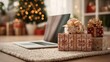 © Harry - Cozy Christmas morning scene with laptop and beautifully wrapped gifts near a twinkling tree, perfect for holiday online shopping inspiration
