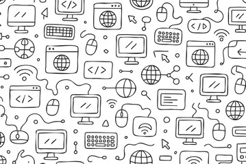Monochrome seamless pattern of computer icons, monitors, and coding symbols. Vector doodle illustration