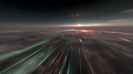 Wall Mural - An expansive abstract digital landscape features vibrant red teal light trails streaking across a dark horizon, suggesting speed, technology, a futuristic data flow.