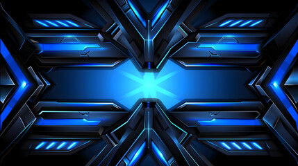 Wall Mural - Striking symmetrical dark background showcasing intricate geometric patterns highlighted intense glowing blue neon lights, conveying a high-tech digital vibe.