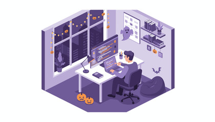 Developer working on computer in a spooky Halloween home office at night Business and tech concept