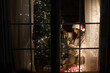© sonyachny - Merry Christmas and Happy holidays! Happy woman in santa hat and cozy sweater decorating stylish christmas tree with ornaments and glowing lights in evening in window. Magical xmas eve