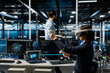 © DC Studio - Data center technician monitoring AI systems using virtual reality, adjusting deep learning parameters. Server room IT expert wearing VR headset enhancing neural networks performance