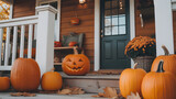 Festive Halloween porch decorated with carved pumpkins, autumn leaves, and warm inviting holiday atmosphere