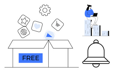 Wall Mural - Open box labeled FREE with app icons, a bell, bar graph, user with laptop. Ideal for marketing, resources, tech tools, app promotion user engagement analytics business. Simple flat metaphor